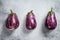 Raw small purple Asian eggplants. White background. Top view