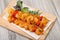 Raw tiger shrimps skewer