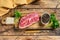 Raw Top Blade beef meat steak. wooden background. Top view