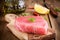 Raw tuna fillet with dill, lemon and olive oil