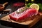 Raw tuna steak on a cutting board with rosemary and pepper, closeup view of a fresh raw tuna steak on cutting, AI Generated