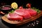 Raw tuna steak on wooden cutting board with herbs and spices on black background, closeup view of a fresh raw tuna steak on