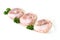 Raw turkey chicken tail on a plate on a white background. Isolate. Copy space