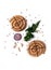 Raw two spiral barbecue sausage on a white background, with spices and herbs, vertical, no people,