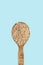 Raw unpeeled oats in a wooden spoon on a blue background