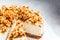 Raw vegan cashew cheesecake with caramel popcorn. Raw vegan dessert concept