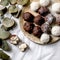 Raw vegan coconut chocolate candy balls over white with eucalyptus branches. Flat lay