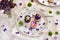 Raw vegan desserts with fresh violet flowers