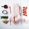 Raw whole farm duck on white background, flat lay
