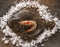 Raw whole flounder fish with shrimps on ice over dark stone background. Creative layout made of fish, top view