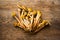 Raw Yellow Edible Forest Mushrooms Mushrooms On Old Wooden Board With Cracks