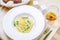 Raw yolk carbonara pasta, photo for restaurant menu.