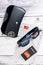 Ray Ban sunglasses and leather glasses case with brand logo