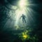 Ray of sunshine of surreal science fiction scene showing astronaut levitating in lush forest