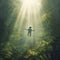 Ray of sunshine of surreal science fiction scene showing astronaut levitating in lush forest