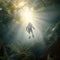 Ray of sunshine of surreal science fiction scene showing astronaut levitating in lush forest