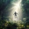 Ray of sunshine of surreal science fiction scene showing astronaut levitating in lush forest