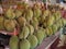 RAYONG, THAILAND-APRIL, 2017 : Group of ripe Durian on wood Shelf at fruit market shop, Rayong, Thailand.