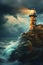 Rays of hope emanate from a lighthouse perched on rugged cliffs amidst a brewing storm