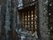 Rays of sunlight shining through a pillar window at an ancient Ker time ruin in Cambodia.