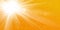 Rays yellow background. Gold sunny sky. Heat sunburs, hot weather. Sunshine orange sky. White warm sunlight. Bright