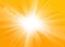 Rays yellow background. Gold sunny sky. Heat sunburs, hot weather. Sunshine orange sky. White warm sunlight. Bright