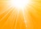 Rays yellow background. Gold sunny sky. Heat sunburs, hot weather. Sunshine orange sky. White warm sunlight. Bright