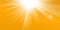 Rays yellow background. Gold sunny sky. Heat sunburs, hot weather. Sunshine orange sky. White warm sunlight. Bright