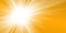 Rays yellow background. Gold sunny sky. Heat sunburs, hot weather. Sunshine orange sky. White warm sunlight. Bright