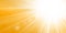 Rays yellow background. Gold sunny sky. Heat sunburs, hot weather. Sunshine orange sky. White warm sunlight. Bright