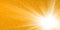 Rays yellow background. Gold sunny sky. Heat sunburs, hot weather. Sunshine orange sky. White warm sunlight. Bright