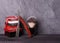 Razors, brush, christmas gift on wood background