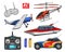 RC transport, remote control models. toys design elements for emblems. boat or ship and car or machine. revival radios