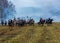 Re-enactors on the Brill battlefield for the reconstruction of the 1812 battle of the Berezina river , Belarus.