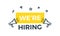 We`re Hiring graphic design illustration with megaphones, yellow banner and trendy geometric shapes. Looking for employees and jo