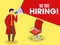 We\\\'re Hiring, Job Vacancy announcement from megaphone by man with vacant office chair for designation. Advertising banner or