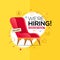 We`re hiring with office chair and a sign vacant