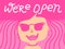 We`re open sign. Grand reopening after coronavirus quarantine. Cartoon doodle sketch of woman face. Hair salon and beauty studio