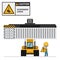 Reach stacker loading container. Port machinery. Container carrier. Warning Overhead load. Work accident. Worker with personal