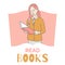 Read books banner design template. Girl reading book cartoon outline illustration. Intelligent, intellectual hobby.