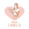Read books banner design template. Woman reading book cartoon outline illustration. Intelligent, intellectual hobby.