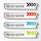 Read more buttons with arrow pointer. Black, blue, red and green labels. Stickers with shadow on transparent background for busine