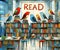 Read poster with a birds on bookshelves in a library