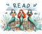 Read poster with mermaids reading in a library