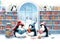 Read poster with penguins reading books in a snowy library