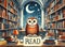 Read poster with a wise owl in a library