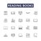 Reading books line vector icons and signs. Books, Novels, Literature, Stories, Texts, Magazines, Scripts, Non-Fiction