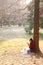 Reading in nature is my hobby, girl Read book under big tree