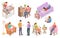 Reading people isometric set. Human characters standing and sitting on chair, lying on sofa with books.