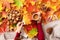 Reading time. Autumn flat lay. White book, wooden bowl of nuts, coffee cup, cone, cinnamon over beige plaid and colorful leaves